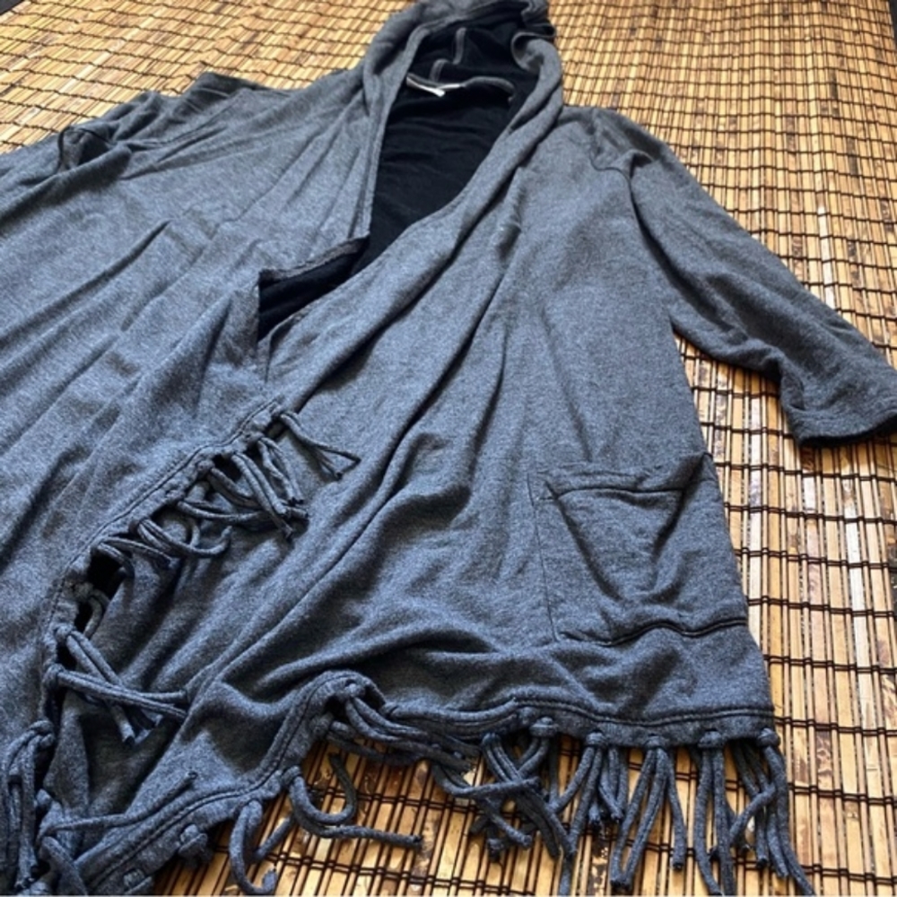 Chico's Zenergy gray fringe hooded open front waterfall cardigan jacket Size 1